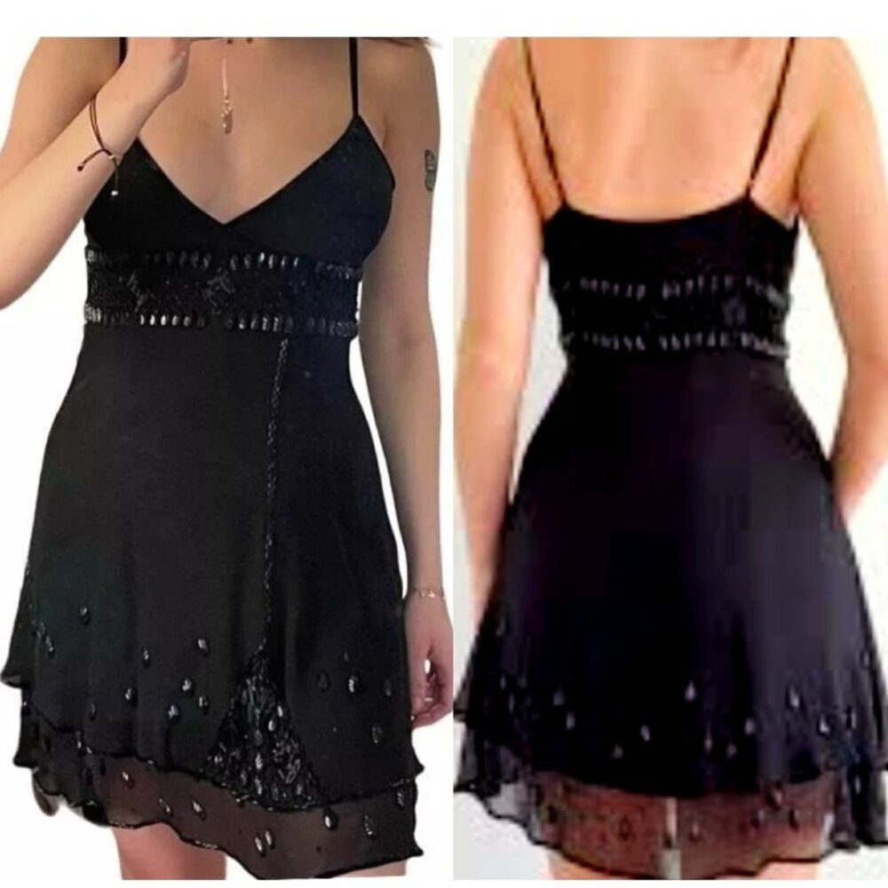 Bebe Women’s Sexy Black Beaded Mesh Surplice Cocktail Mini Dress Size Medium